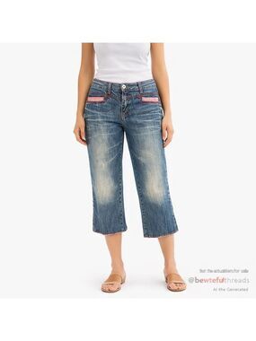 Y2K Americana Cropped Denim Jeans Waist 30” Red Gingham 2006